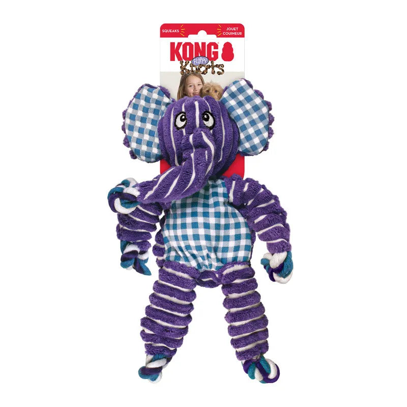 Kong Floppy Knots Elephant toy by Purrfect Pet Kingdom, available in small/medium or medium/large, perfect for dogs.