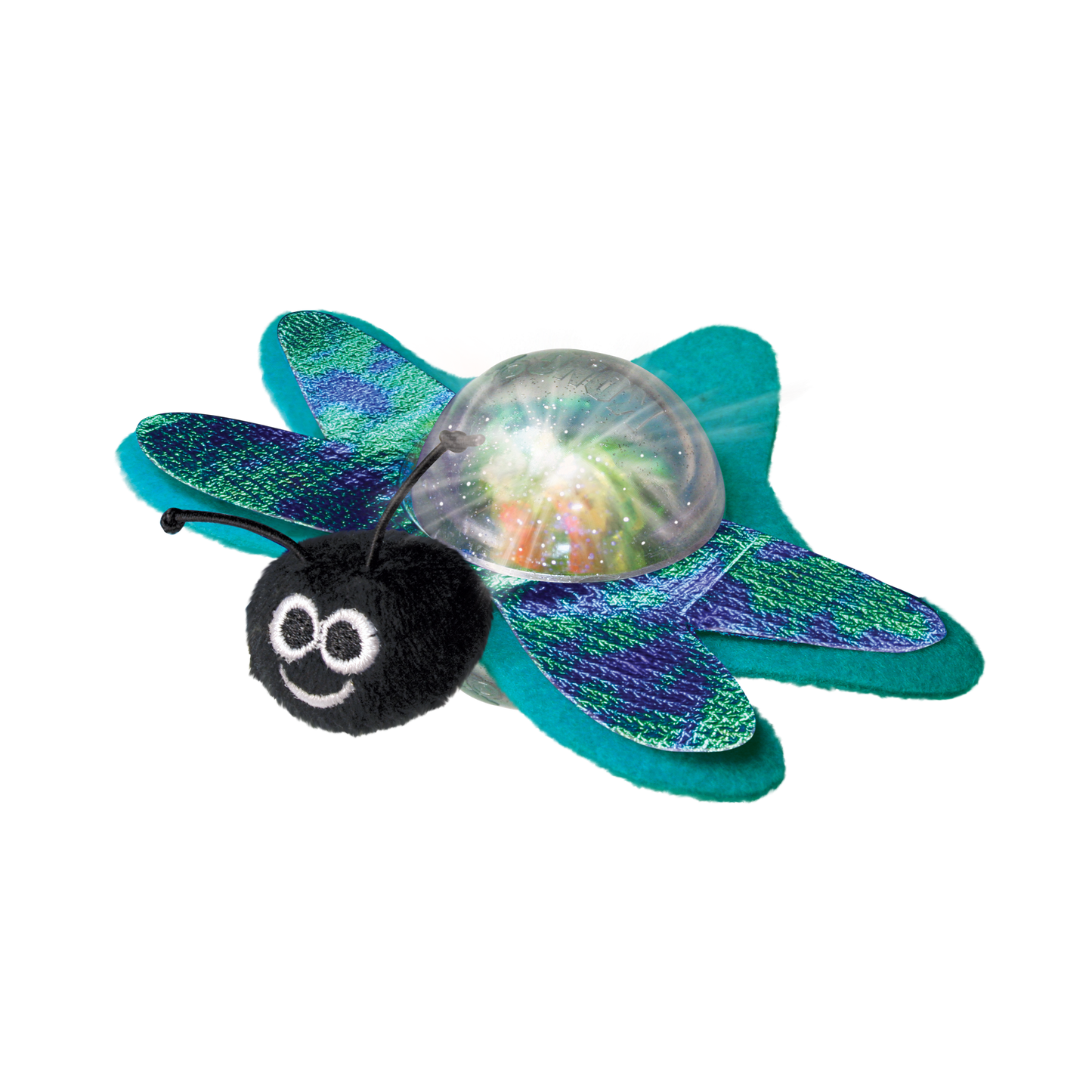 Interactive LED cat toy designed like a butterfly with colorful wings and a soft plush body