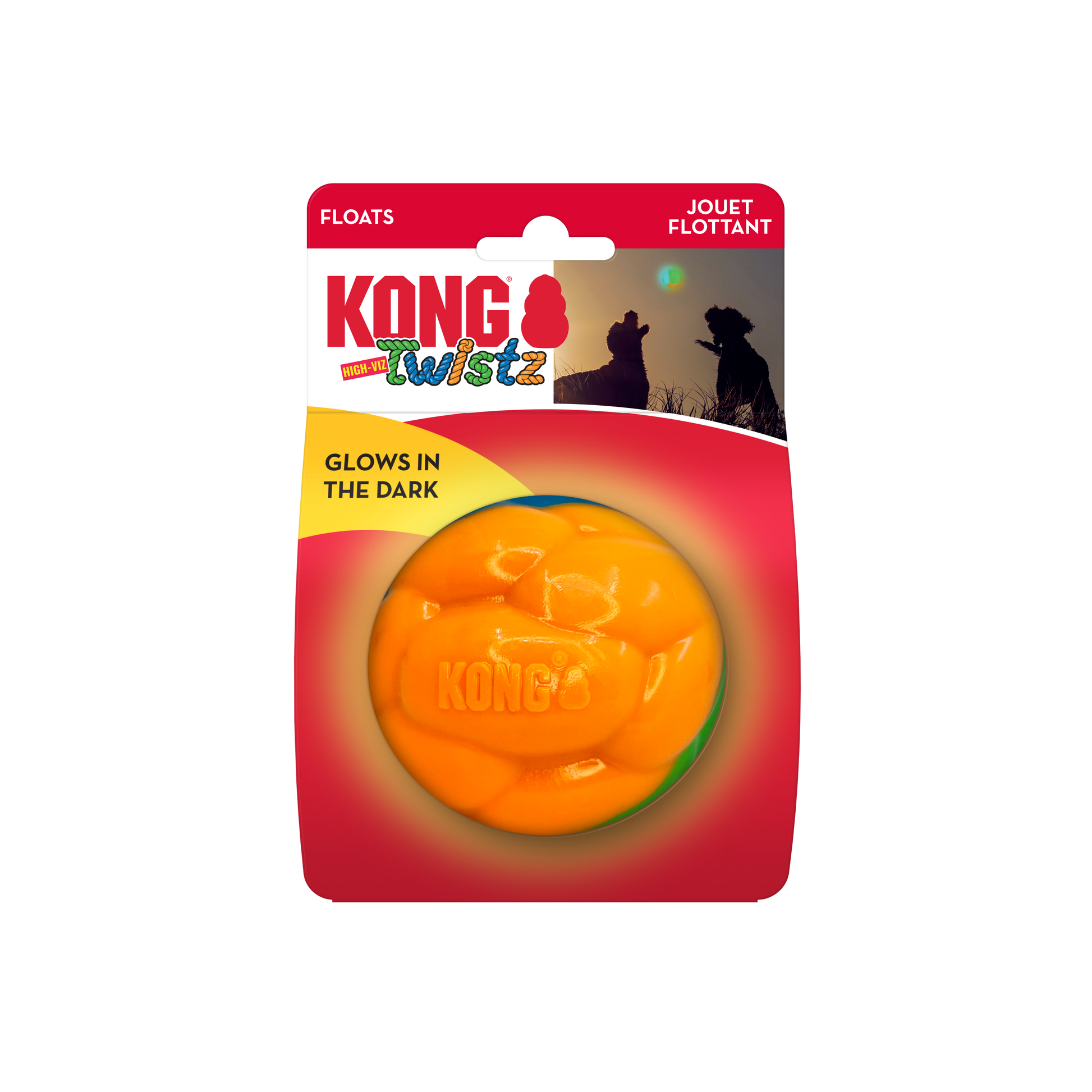 KONG Twistz high-viz dog ball in neon orange that glows in the dark and floats for outdoor play