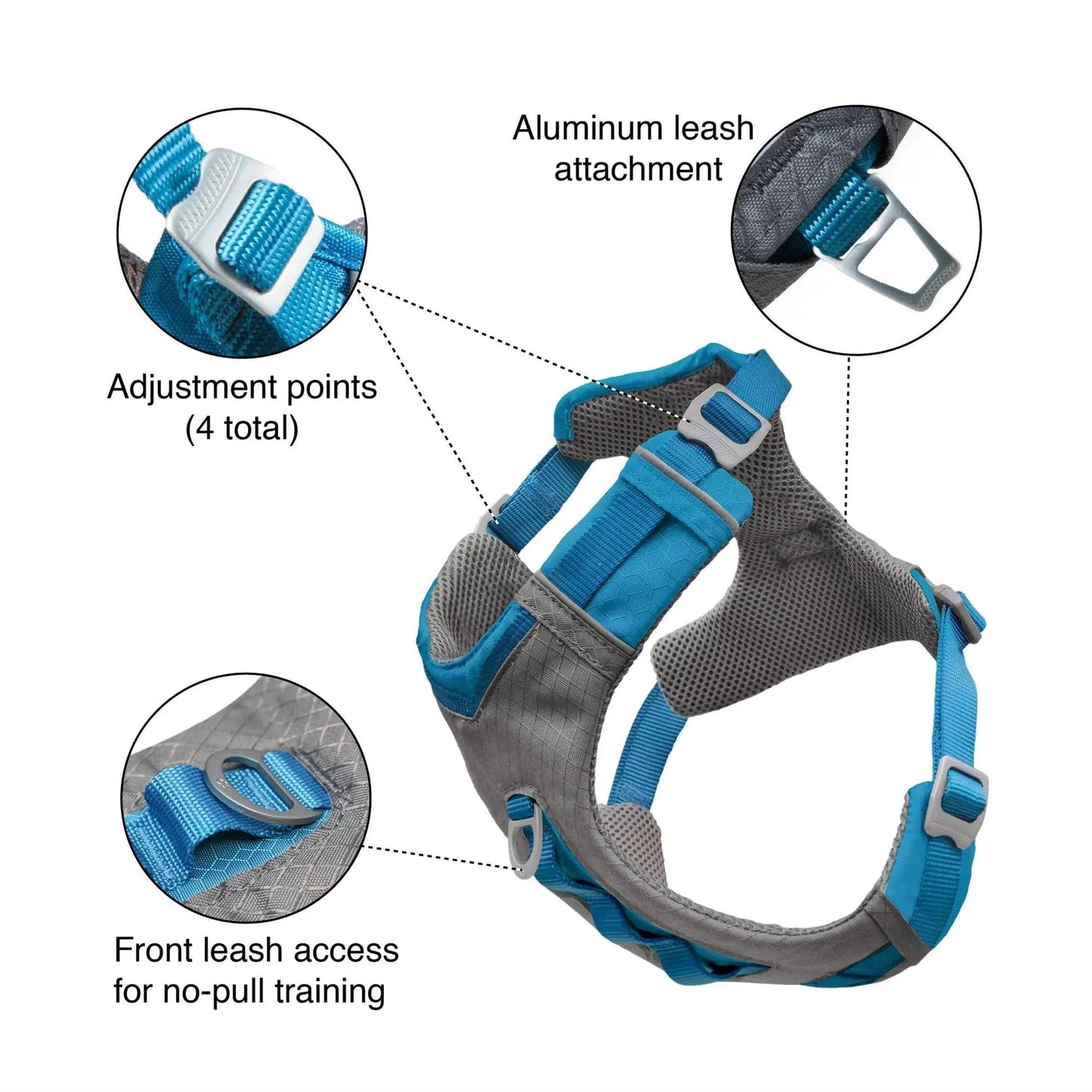 K9 Outdoors padded dog harness for hiking featuring adjustable points and front leash access