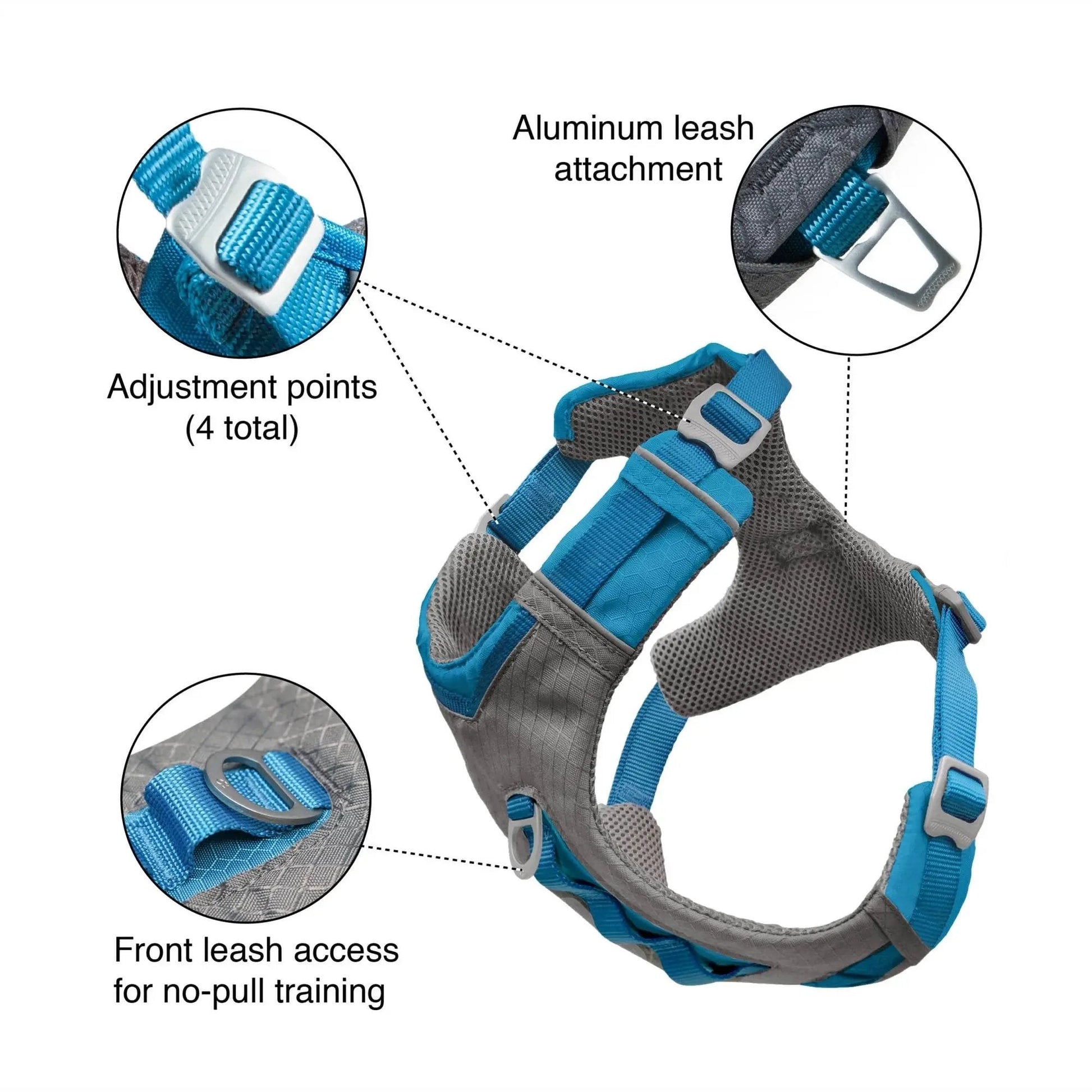 K9 Outdoors padded dog harness for hiking featuring adjustable points and front leash access