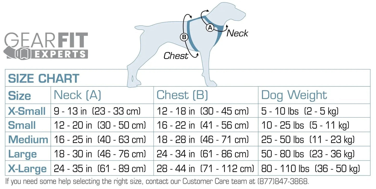 Size chart for K9 Outdoors padded dog harness for hiking with measurements for different dog sizes