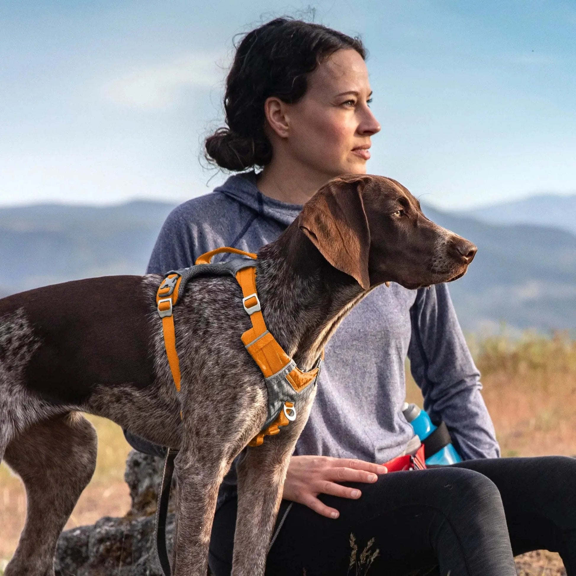 K9 Outdoors padded dog harness for hiking in use with a woman and her dog on a scenic trail