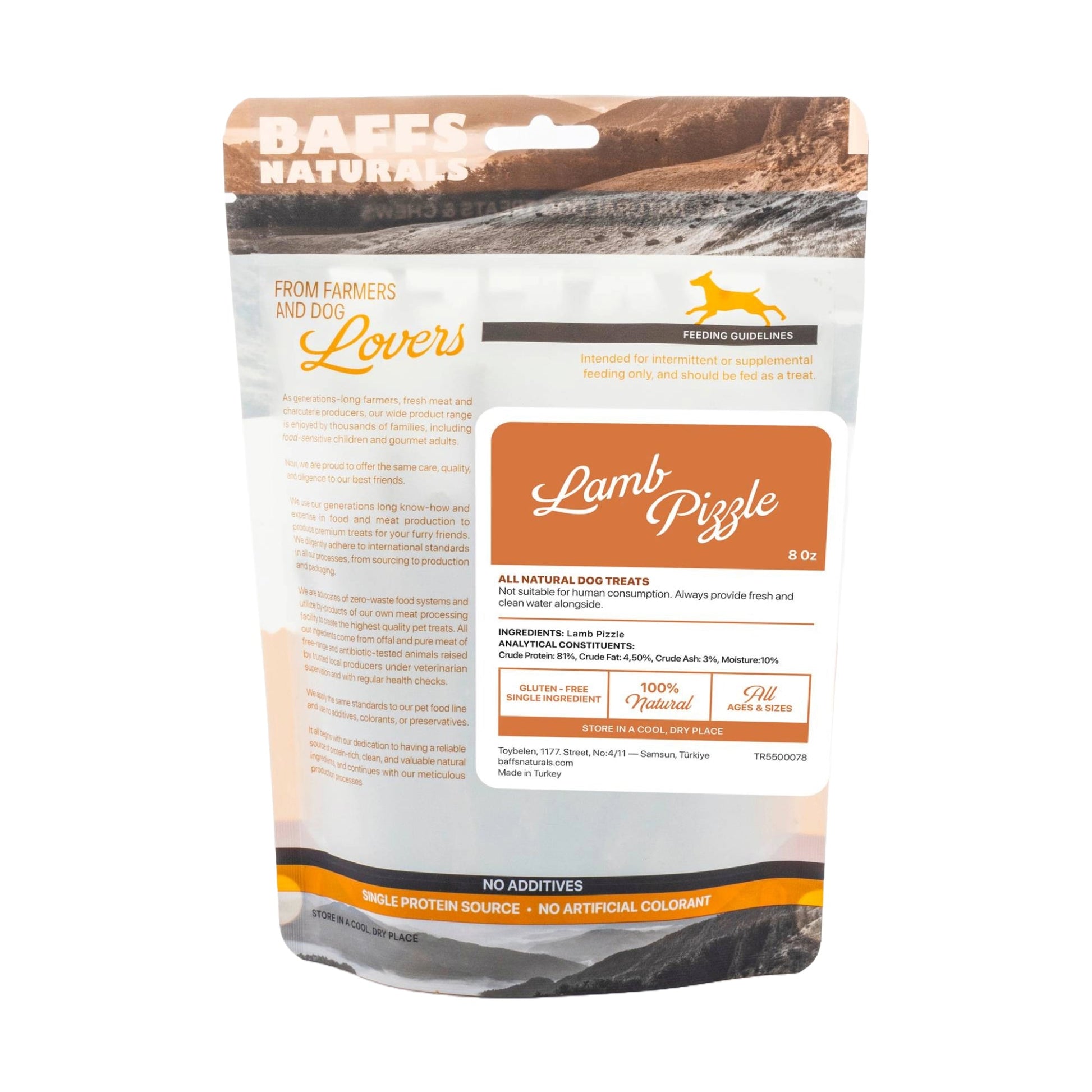Dog Treats BAFFS NATURALS All-Natural Lamb Pizzle Chews 8oz - size and texture image for dog treats