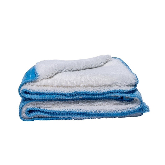 Large cozy pet blanket 50x60 in soft blue and white fabric, perfect for keeping dogs warm and comfortable