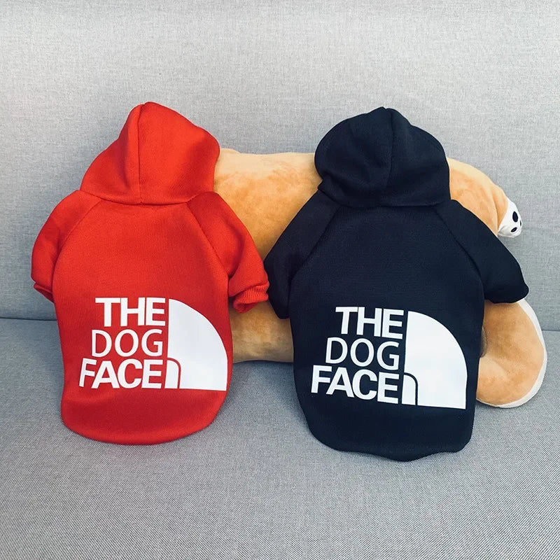 Red and black large dog hooded sweatshirt featuring The Dog Face logo on the back