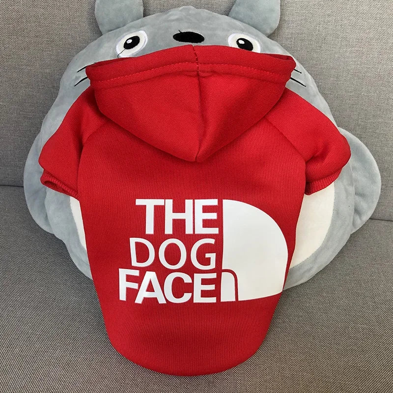 Red large dog hooded sweatshirt featuring a cute dog face design for stylish pet comfort