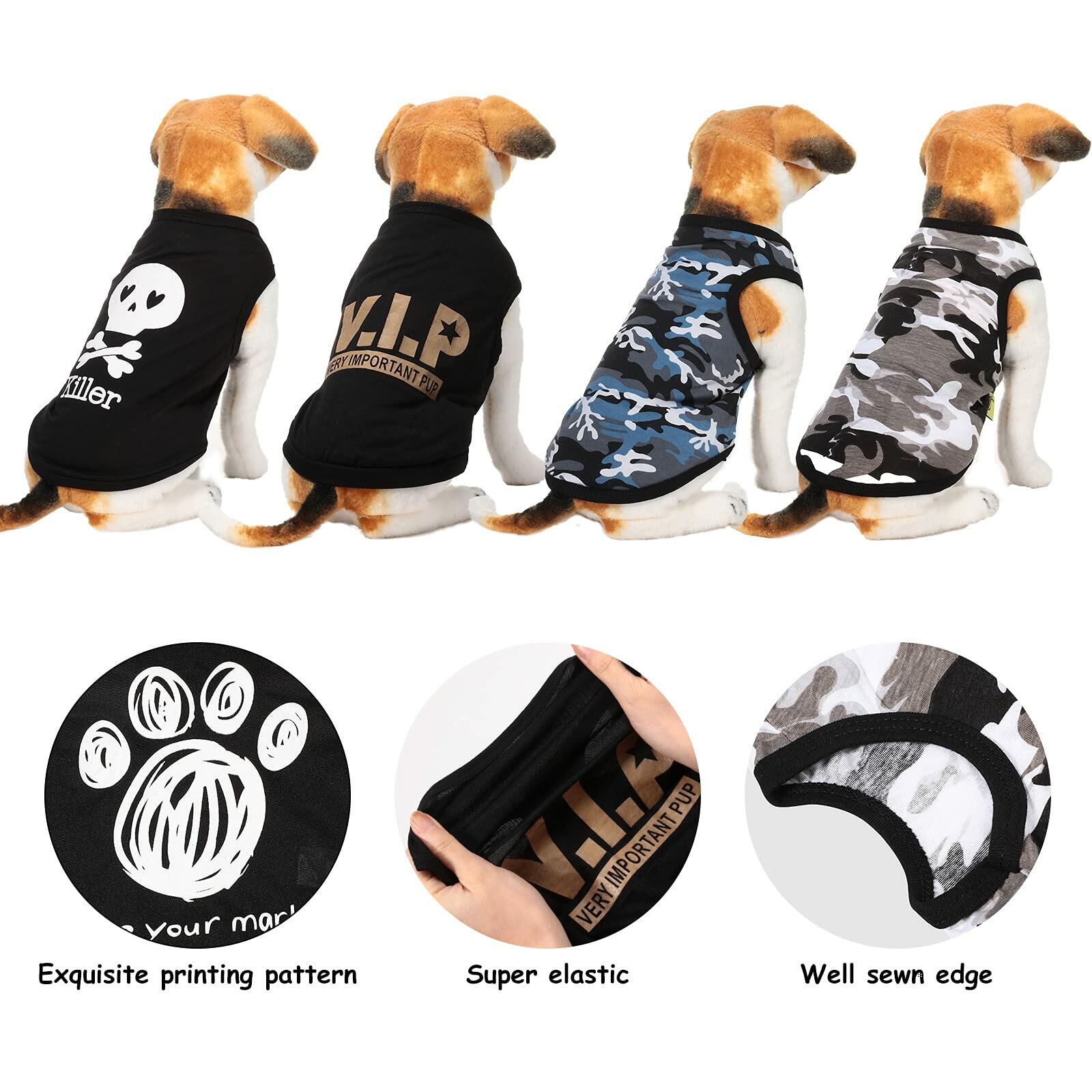 Four large dog summer camo shirts in various designs and colors with comfortable fabric and stitching