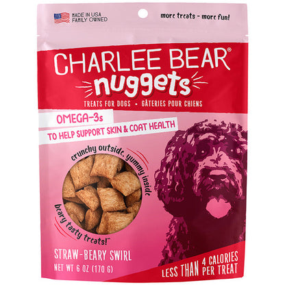 Red and pink bag of Charlee Bear Straw-Beary Swirl dog nuggets featuring a dog image and window of crunchy treats.