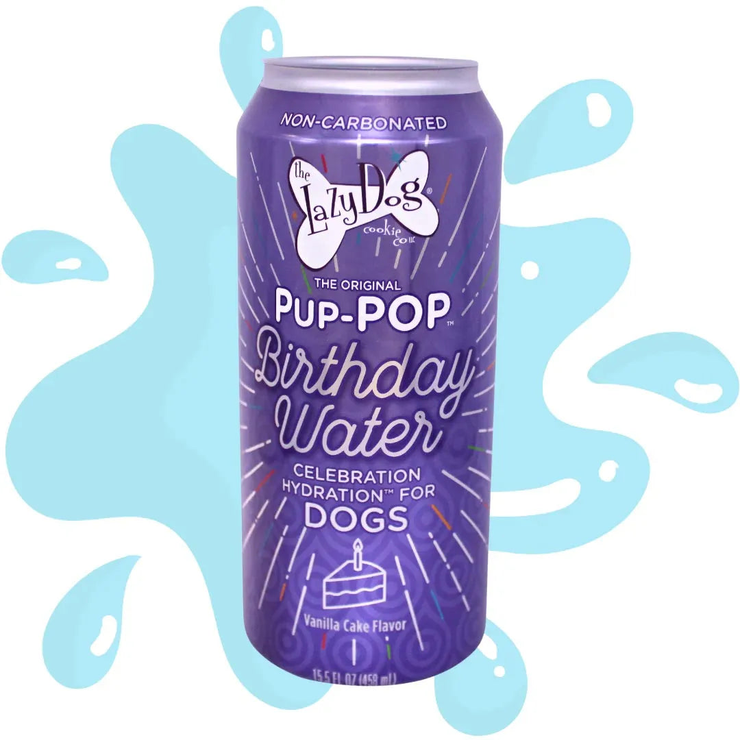 Lazy Dog Pup Pop Birthday Water by The Family Pet, 15.5oz, perfect for celebrating your dog's special day.