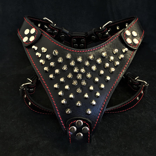 Premium leather dog harness with studded design and adjustable straps for comfort and style