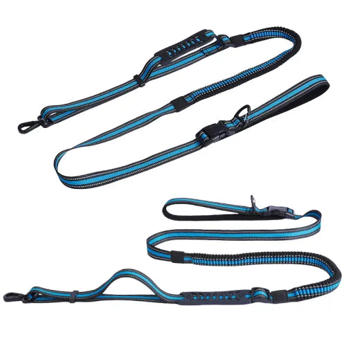 Hands-free running/hiking bungee leash by LeonaJ K-9 Co.™ in blue/black, available in small-medium and large-XL sizes.