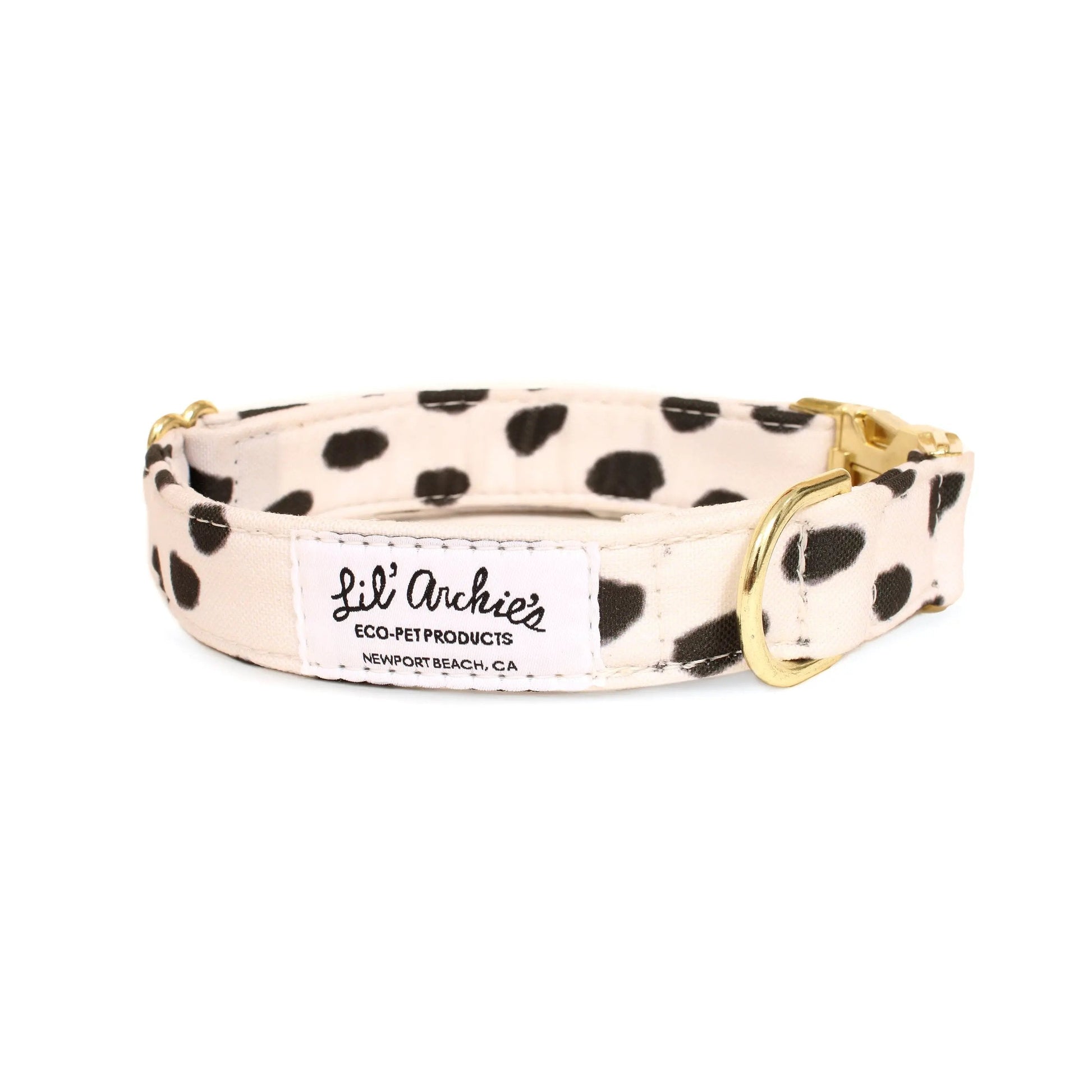 Lil Archie's eco-friendly dog collar with a stylish spotted design and sturdy buckle