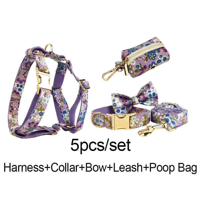 Premium Lilac Meadow Floral Dog Collar Harness Leash Set So