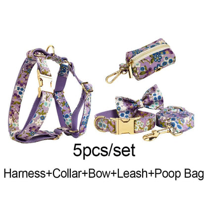 Premium Lilac Meadow Floral Dog Collar Harness Leash Set So