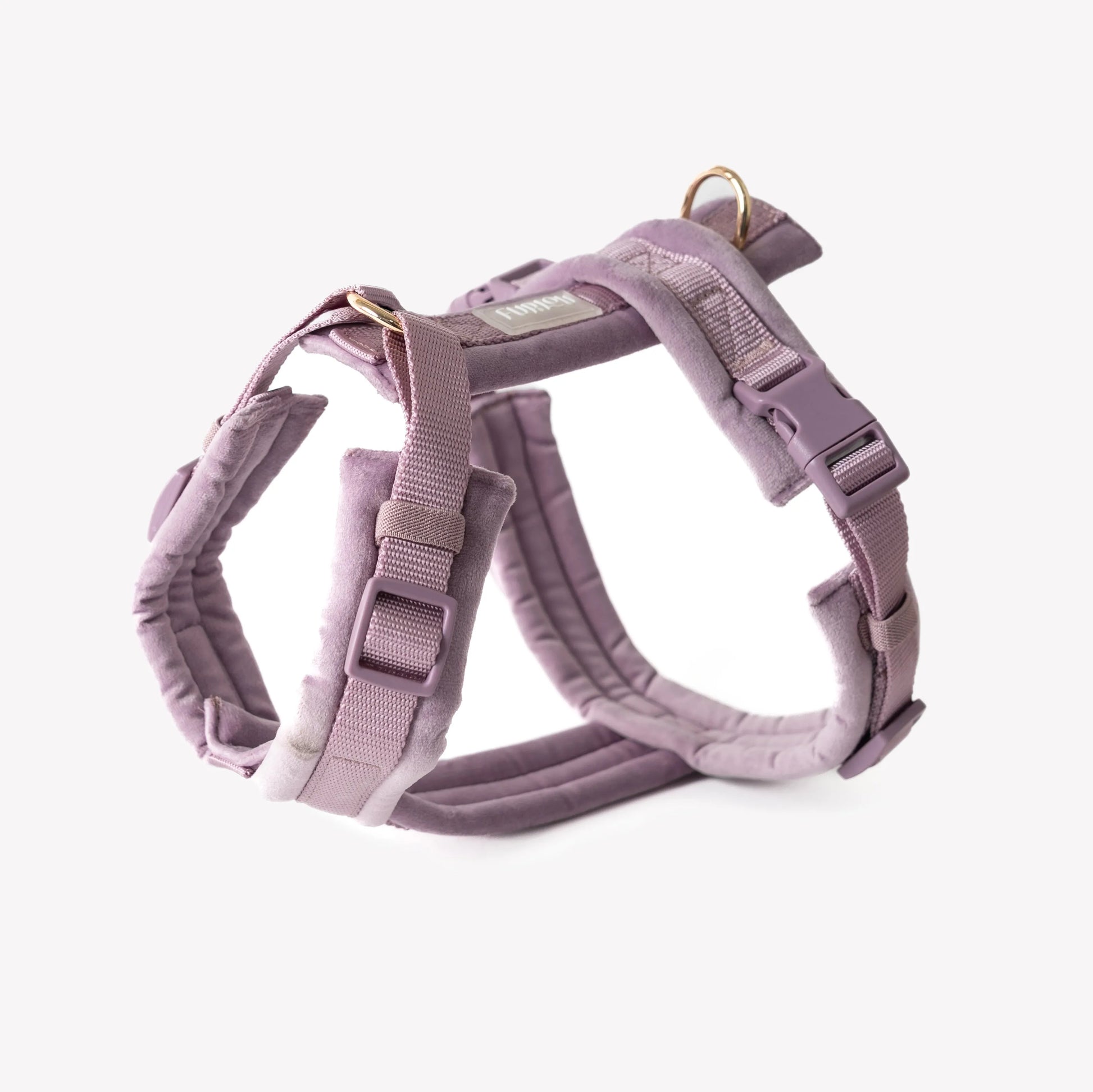 Lilac Velvet Dog Harness by Purrfect Pet Kingdom, featuring adjustable padding, available in EXTRA SMALL, SMALL, and MEDIU...