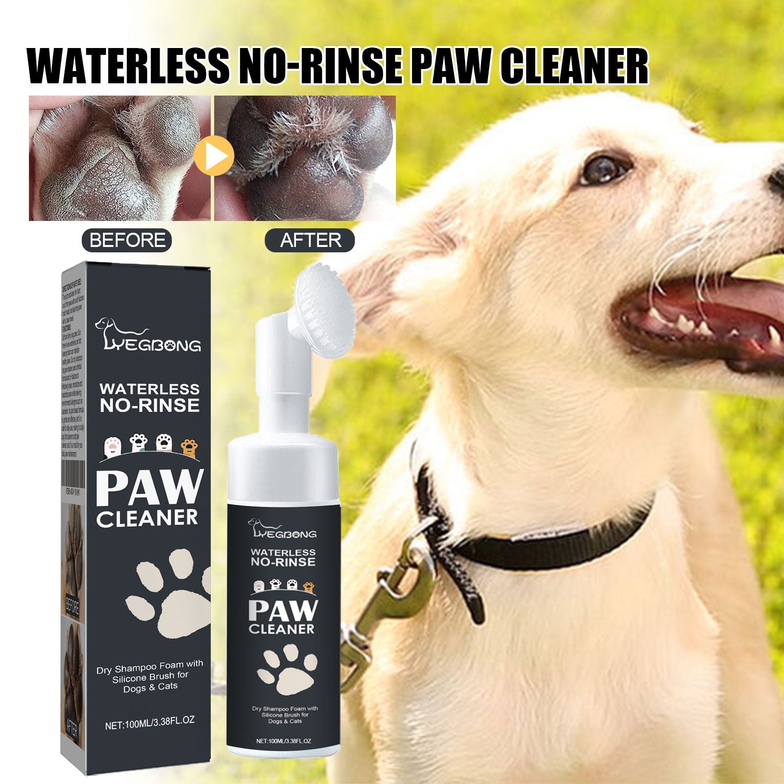 Portable pet foot cleaner in a bottle, ideal for quickly cleaning paws of dogs and cats without water