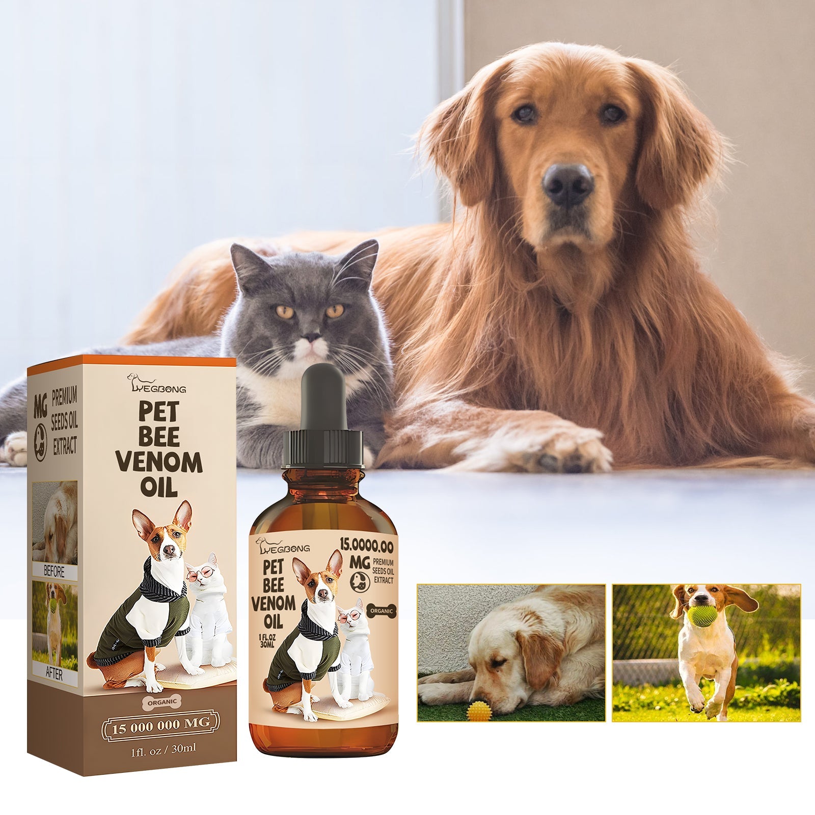 Natural pet arthritis treatment in dropper bottle with dogs and a cat in background for joint support