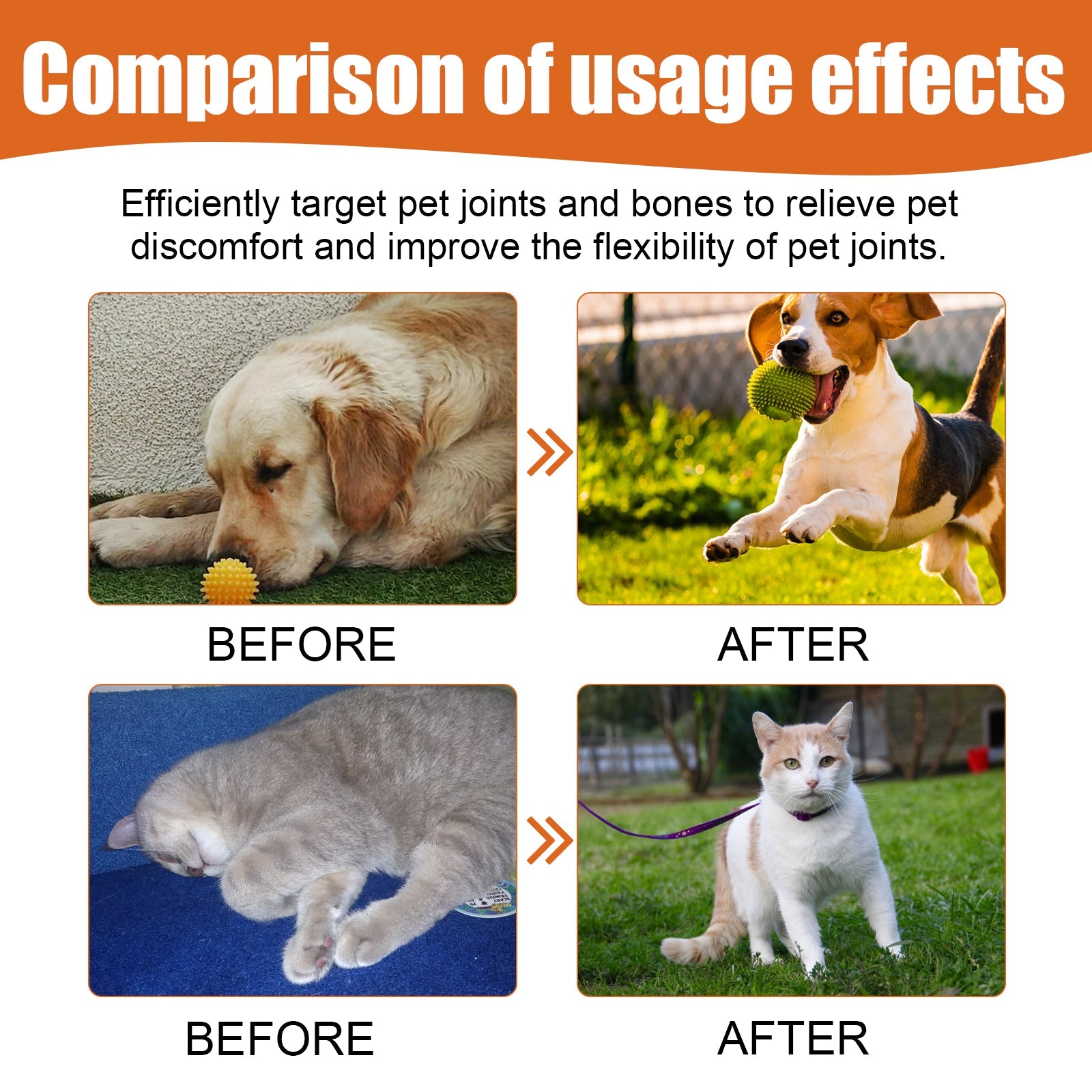Before and after comparison of natural pet arthritis treatment effects on pets' joints and mobility