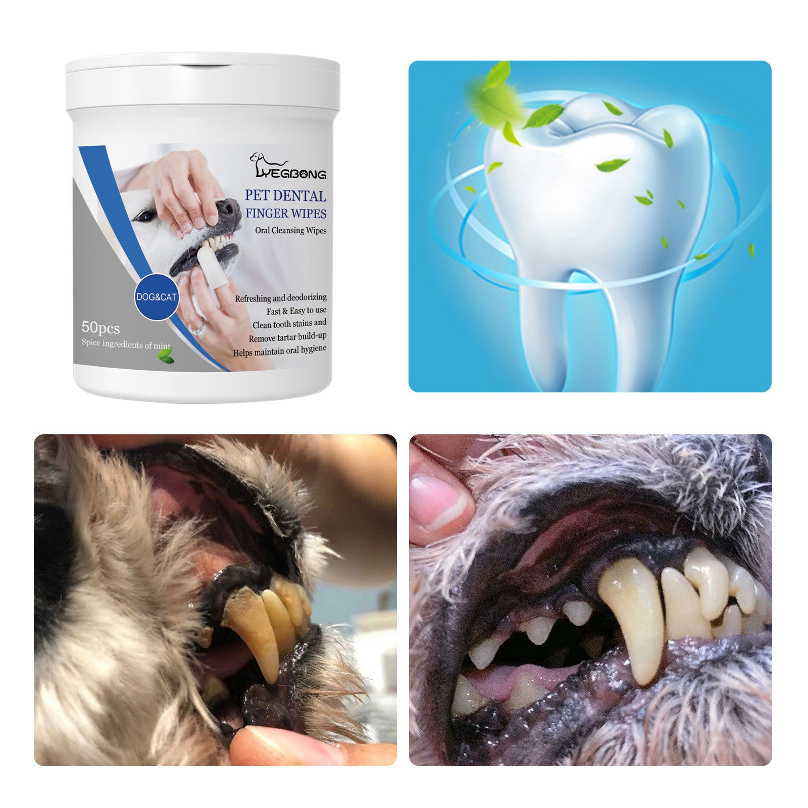 V.I.P Digital Presence Tartar removal wipes for dogs in container with before and after images of dog teeth