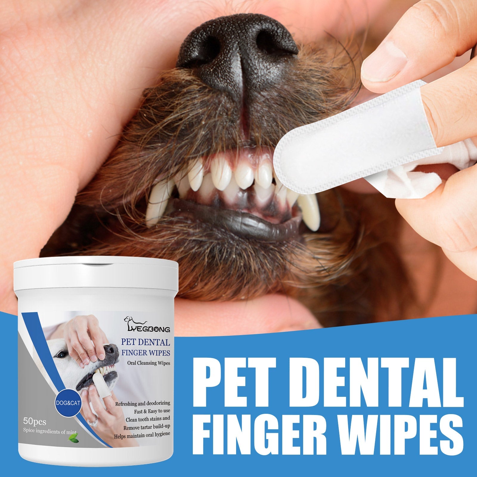 Pet Dental Finger Wipes for dogs with tartar removal wipes for dogs in a hand applying to a dog's teeth