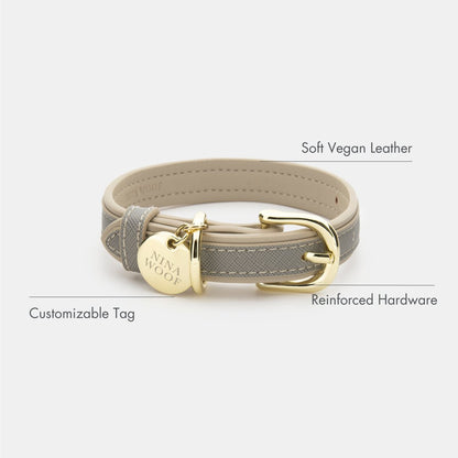 Nina Woof grey London Saffiano vegan leather dog collar with gold reinforced hardware and a customizable tag.