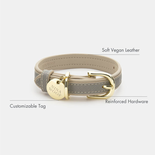 Nina Woof grey London Saffiano vegan leather dog collar with gold reinforced hardware and a customizable tag.