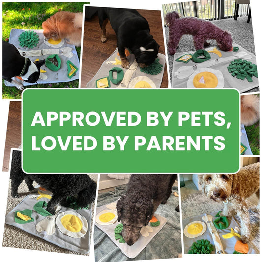 Purrfect Pet Kingdom snuffle mat for large dogs with multiple dogs engaging in scent enrichment