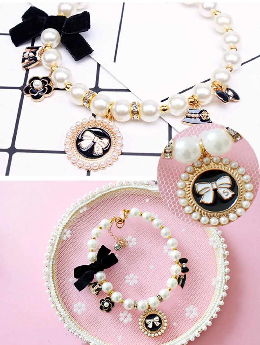 Luxurious Pearls Pet Collar Decorative Necklace by Berry Charmz for small cats and dogs, featuring elegant pearl design.
