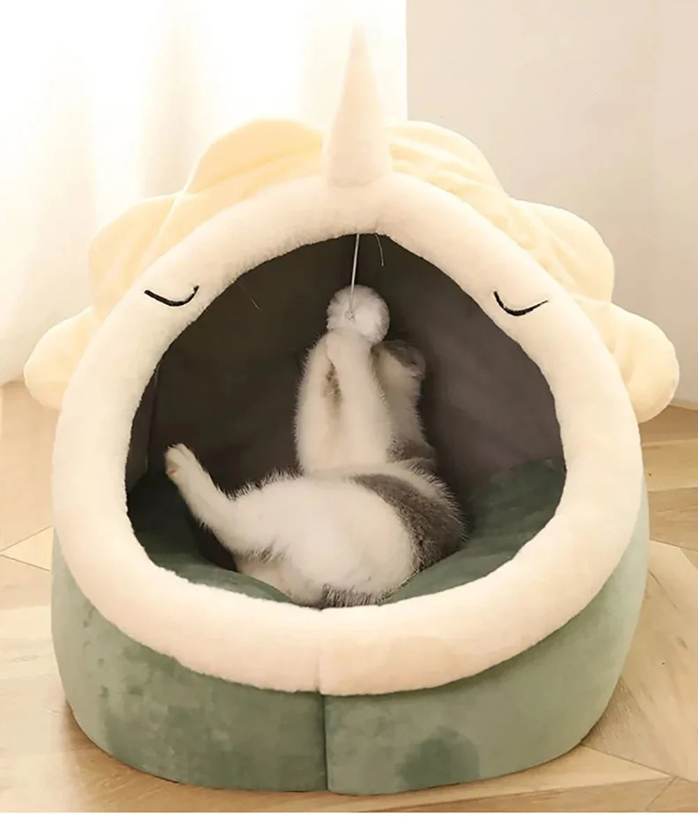 Cozy Tail Chasers unicorn cat cave, a perfect luxury cat bed for indoor cats to play and relax