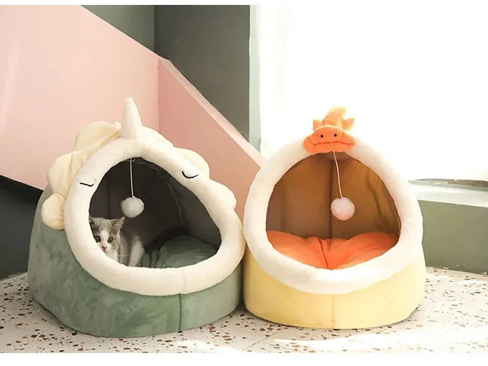 Tail Chasers luxury cat beds for indoor cats in green dinosaur and yellow duck designs, featuring cozy soft interiors