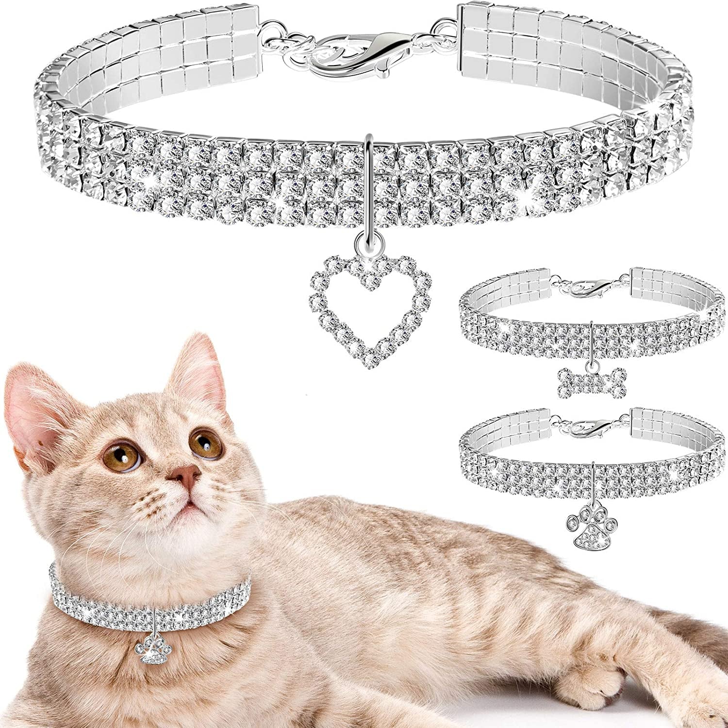 Luxury cat collar for kittens with sparkling rhinestones and heart charm for stylish pets