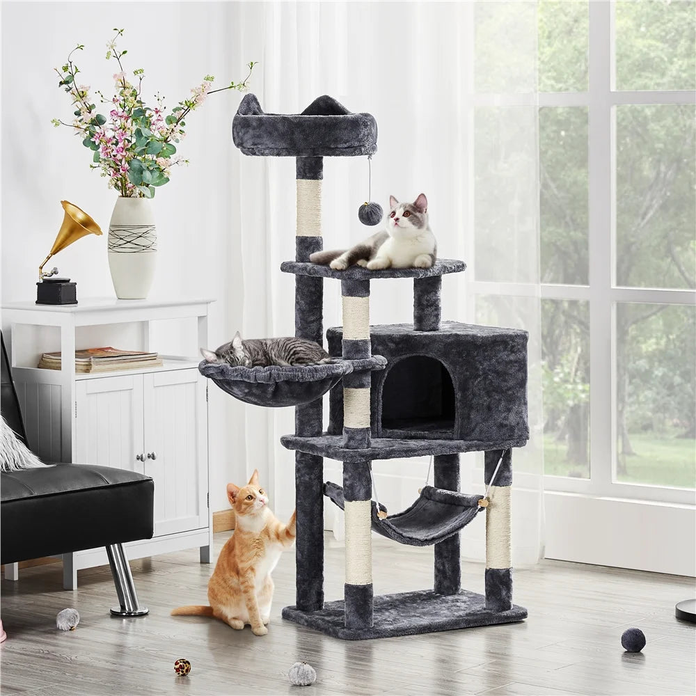 55 inch cat condo playground with multiple levels, cozy spots, and hanging toys for playful cats