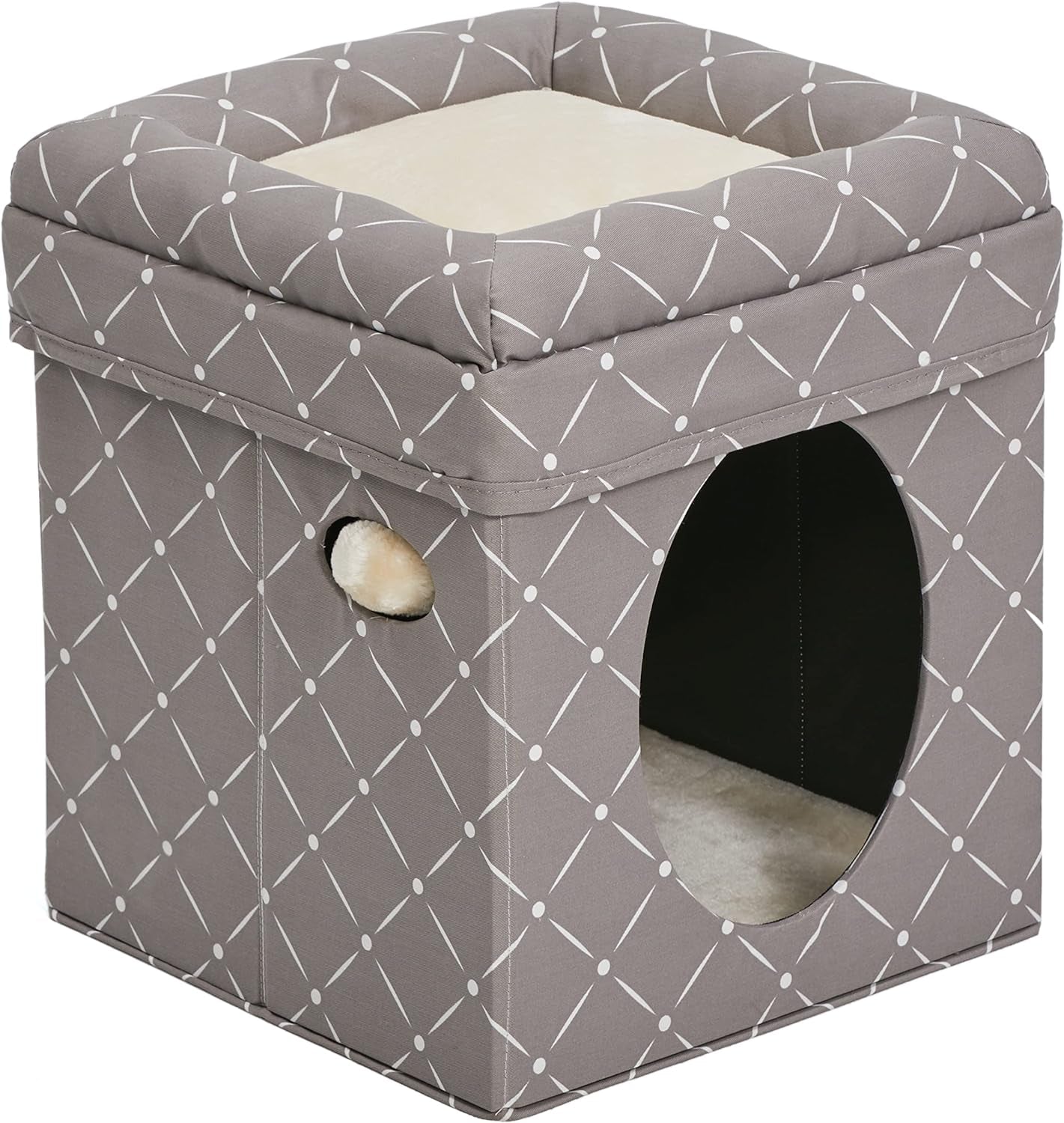 Luxury cat hideaway cube in gray with a soft cushion top and cozy entrance for feline comfort