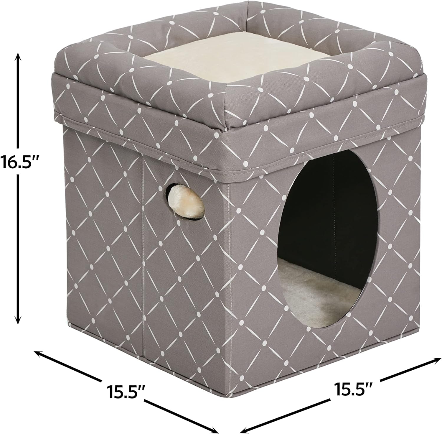 Luxury cat hideaway cube in gray fabric with a soft top and entrance hole for cozy pet lounging