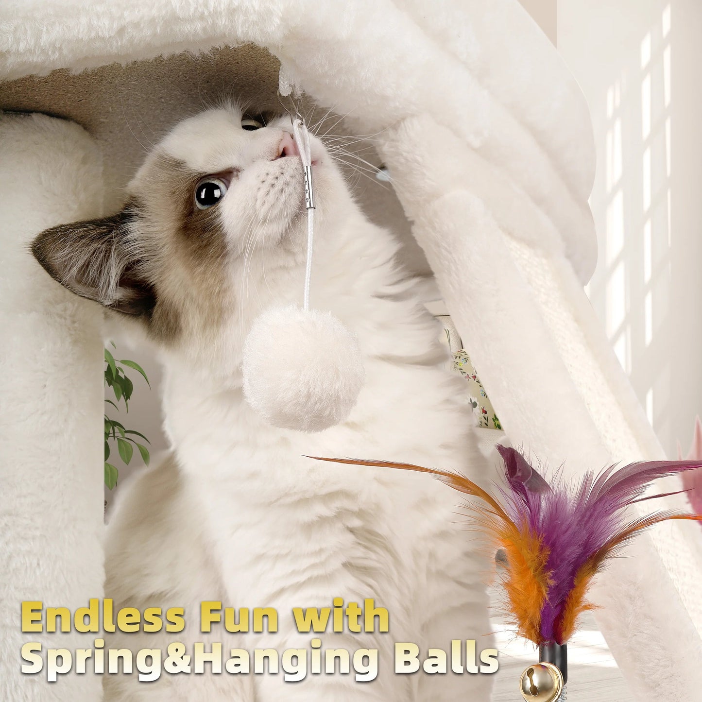 Luxury cat tree for indoor cats featuring spring and hanging balls for endless fun