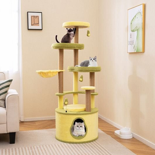 Luxury cat tree with hammock in yellow featuring multiple levels and hanging toys for playful cats