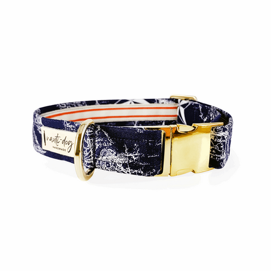 Luxury dog collar nautical design from Nauti-dog Handmade featuring a stylish blue pattern and gold buckle