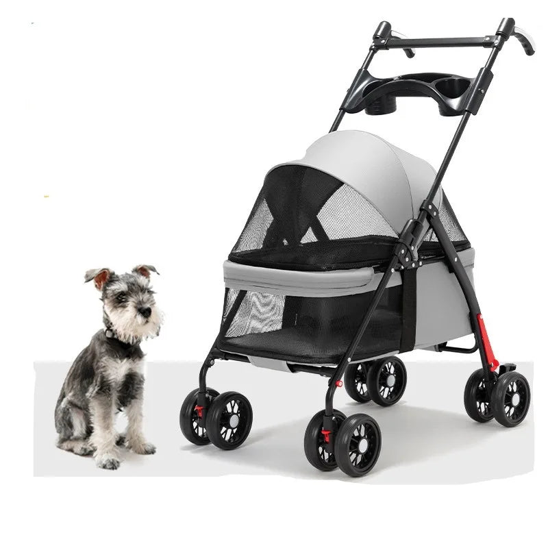 Luxury dog stroller with mesh window designed for comfortable pet transport and easy maneuverability