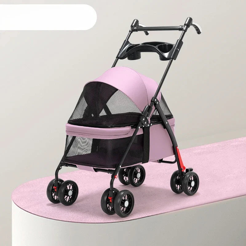 Luxury dog stroller with mesh window in pink design for comfortable pet transport