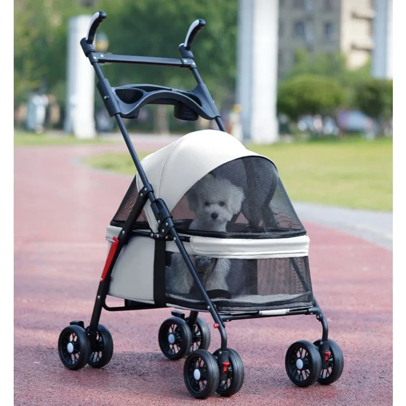 Luxury dog stroller with mesh window in a park, perfect for taking your pet out comfortably