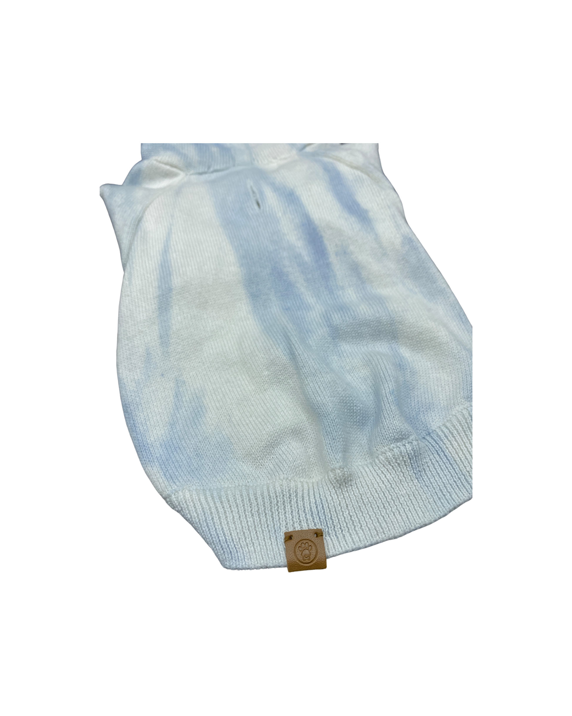 BESPOKE PAWS luxury pet hoodie for dogs in a light blue tie-dye pattern with ribbed hem
