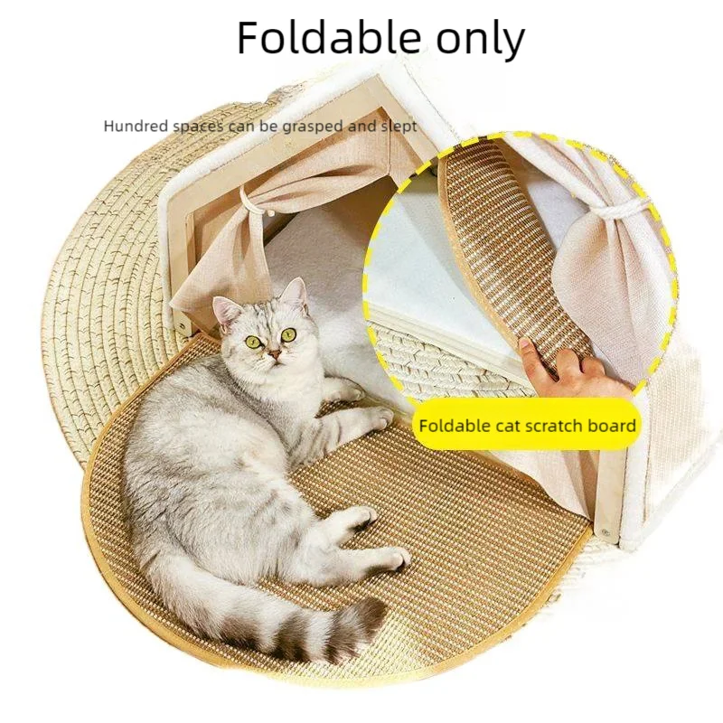 Cozy foldable luxury pet house for cats featuring a scratch board and a comfortable sleeping space
