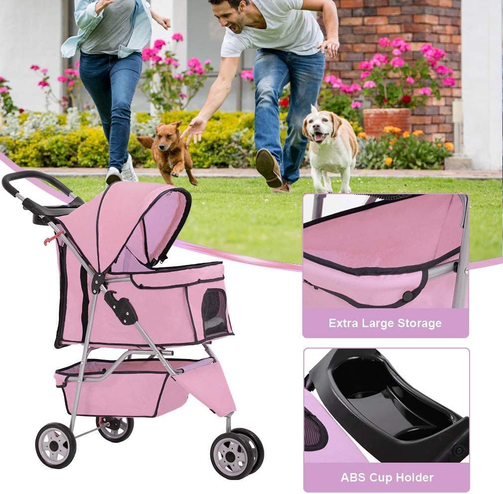 Luxury pink pet stroller with extra large storage and ABS cup holder for pet owners on the go