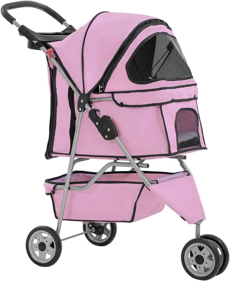 Luxury pink pet stroller with spacious cabin and mesh windows for pet comfort and visibility