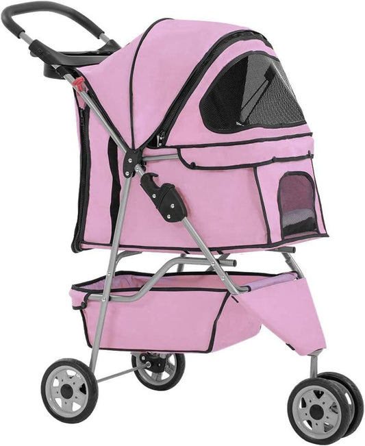 Luxury pink pet stroller with spacious cabin and mesh windows for pet comfort and visibility