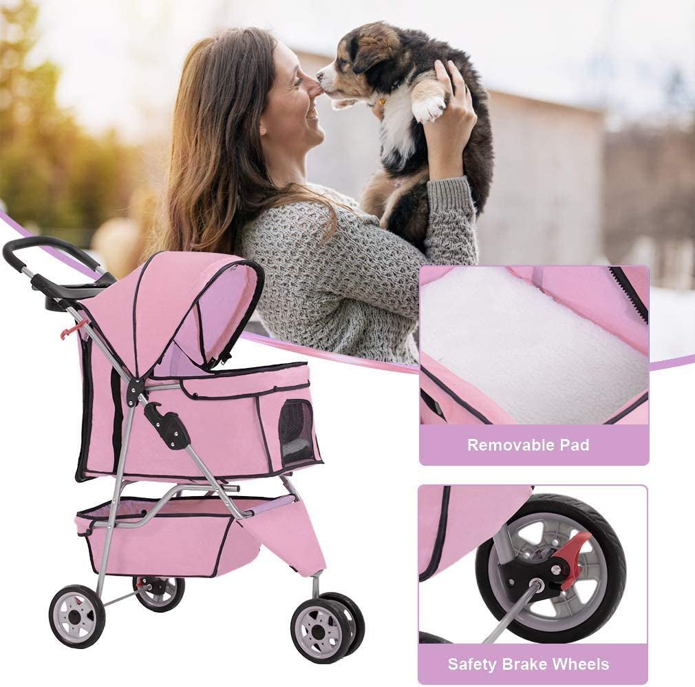 Luxury pink pet stroller featuring a removable pad and safety brake wheels for secure pet transport