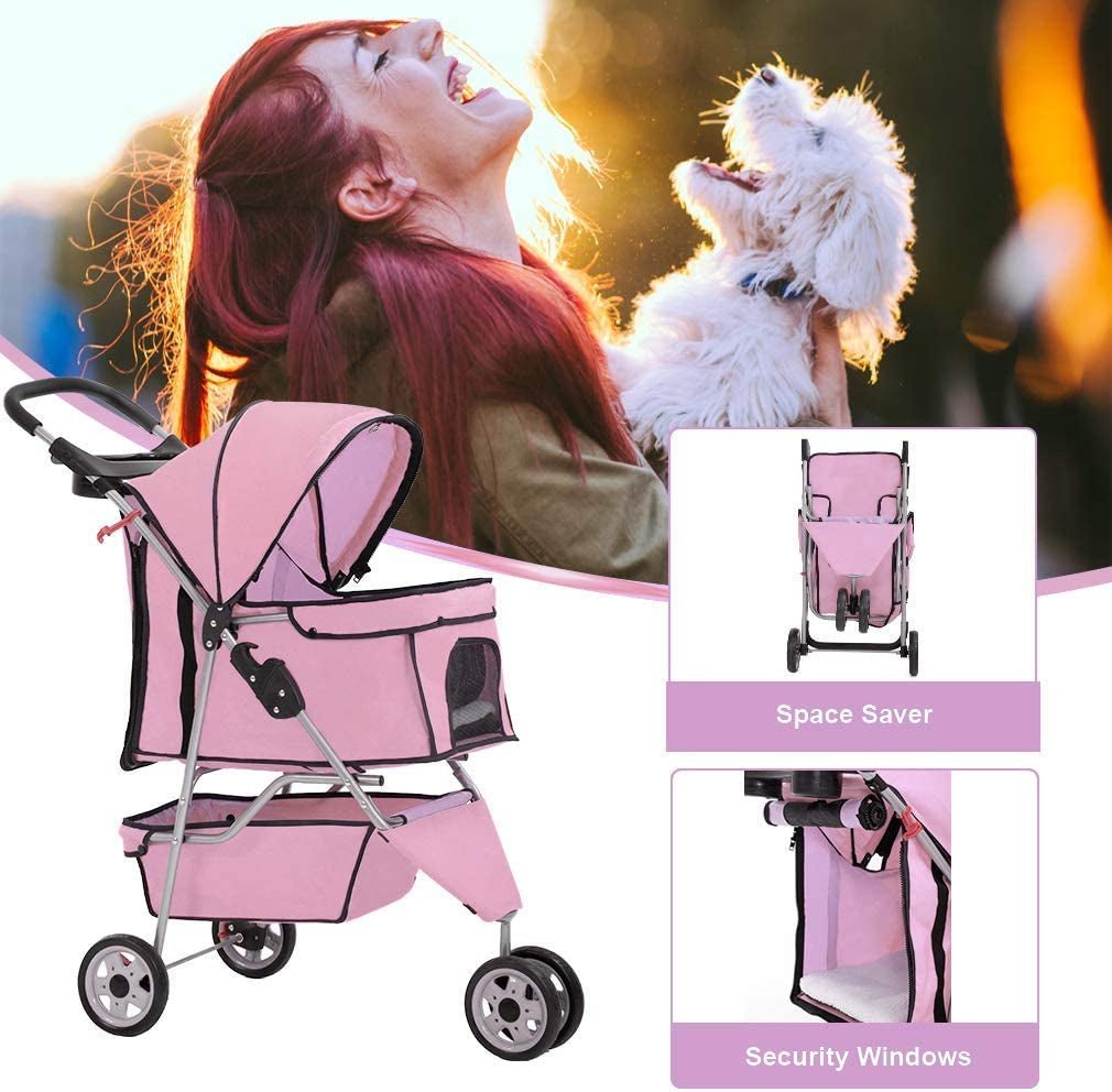 Luxury pink pet stroller with security windows and space-saving design for pet owners