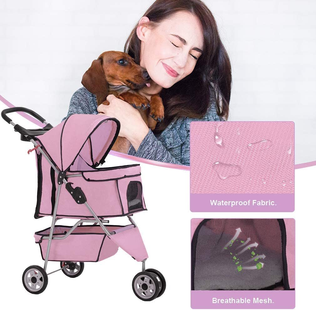 Luxury pink pet stroller with waterproof fabric and breathable mesh for comfortable pet outings