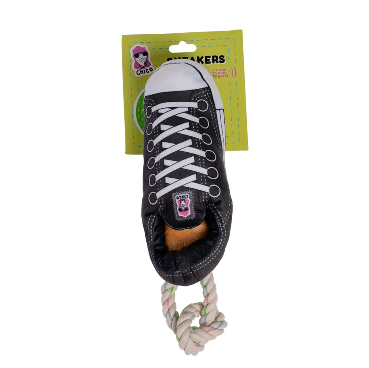 Luxury squeaky dog toy for chewers shaped like a sneaker with a rope for tugging